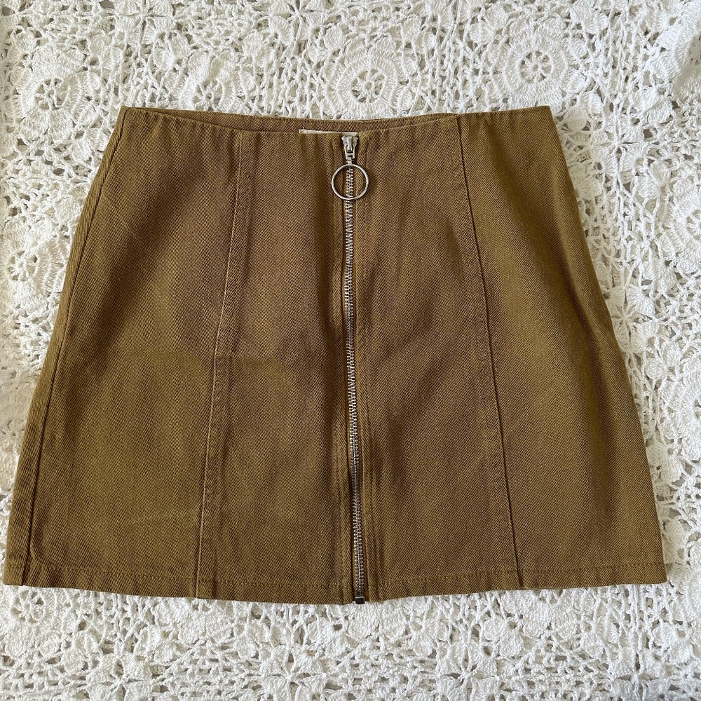 Brown/Tan Denim Zip-Up Mini Skirt